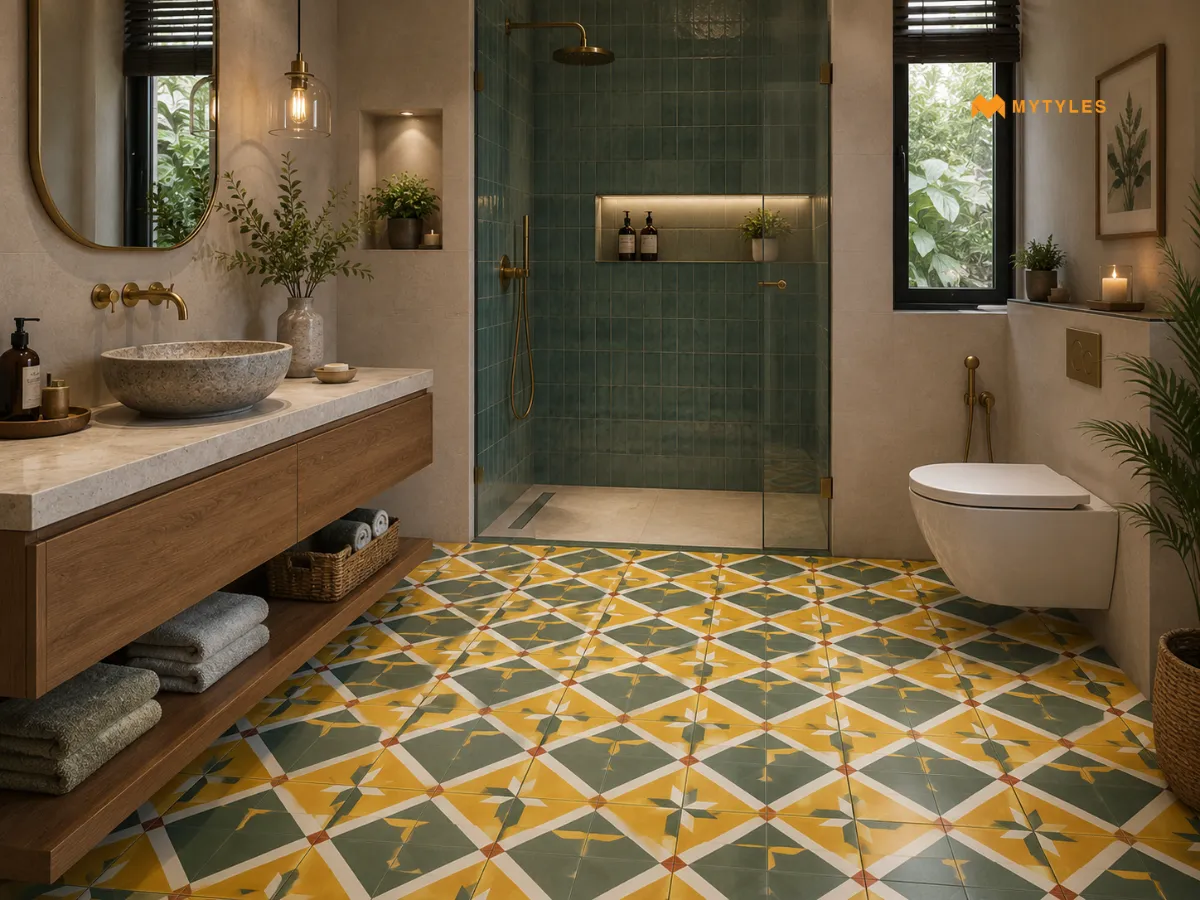 Green Carpet Design Athangudi Floor Tile in Bathroom